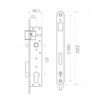 Zamek wąski wpuszczany do furtki drzwi bramy 90/22 POLSKI czarny